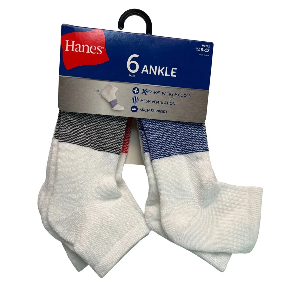 Hanes Mens 6 Pair Ankle Socks X-Temp Mesh Vent Arch Support White 6-12